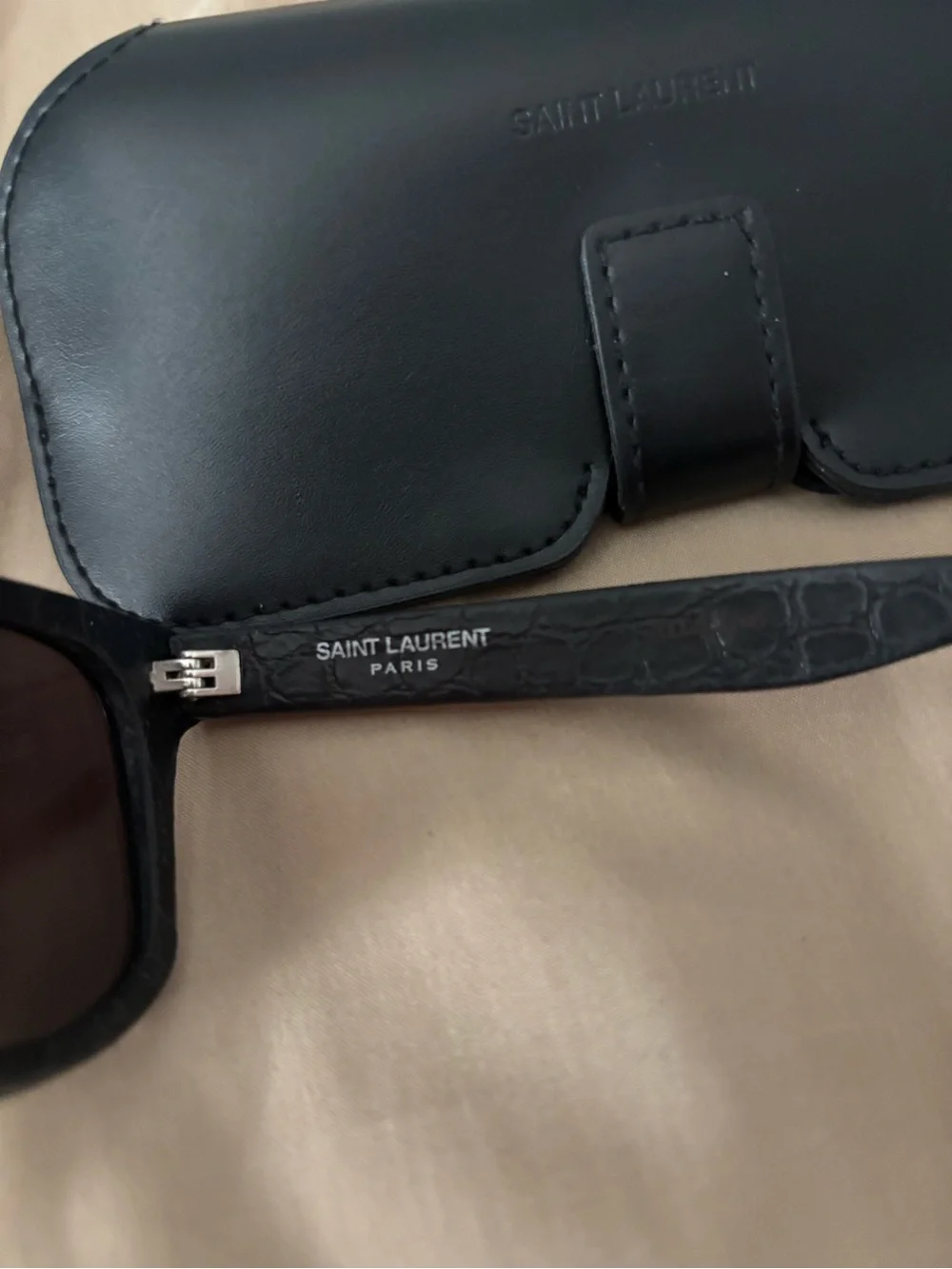 Saint Laurent Black Croc-Embossed Frame Sunglasses with Case